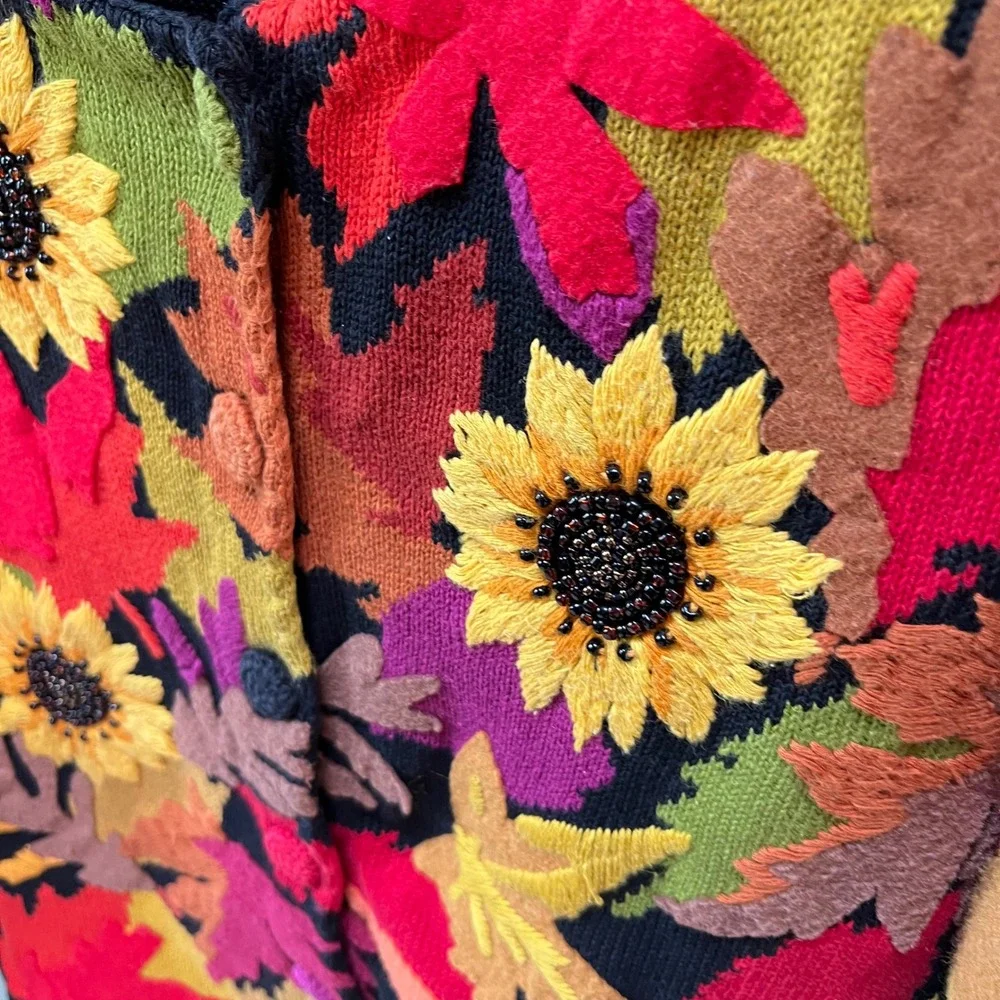 Michael Simon Fall Leaves Sunflower Knit Cardigan M Autumnal Sweater - Picture 2 of 4